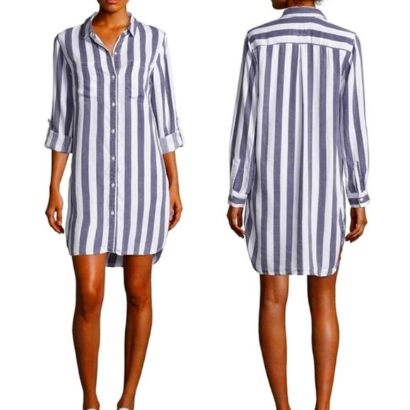 Rails Julian Shirt Dress Lisbon Stripe White Blue Tunic Button Tab Tencel SZ S - Picture 3 of 10